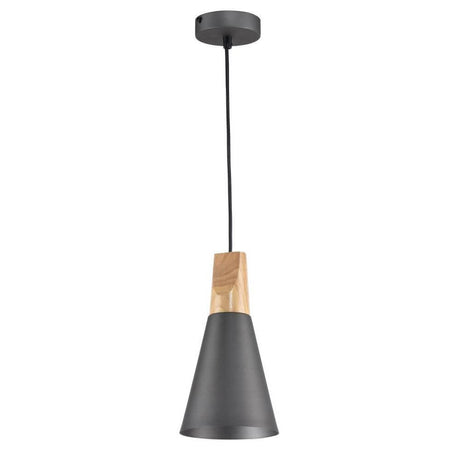 Suspension Bicones Ø 14 cm avec cache-plafond en métal et élément décoratif en bois.