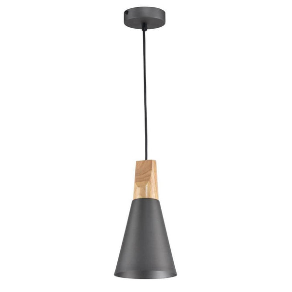 Bicones Hängelampe Ø 14cm mit Metall-Deckenbaldachin und dekorativem Holzelement.