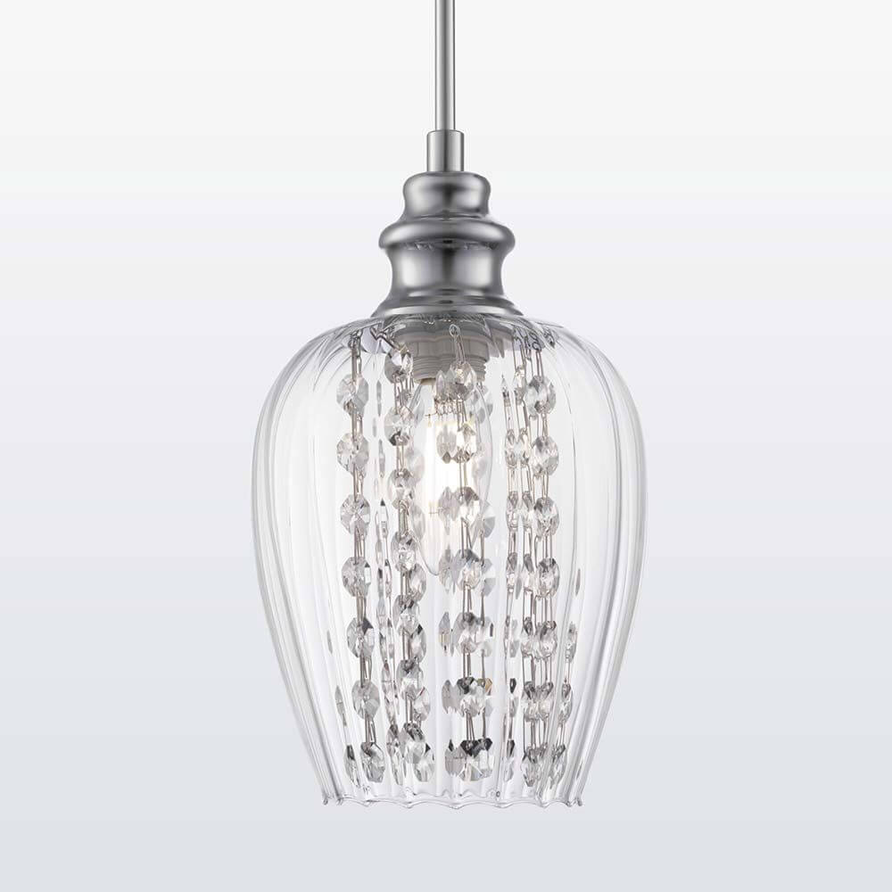 Blues Glas-Pendellampe Ø 14cm mit klaren Glasdiffusoren und Kristallanhängern.