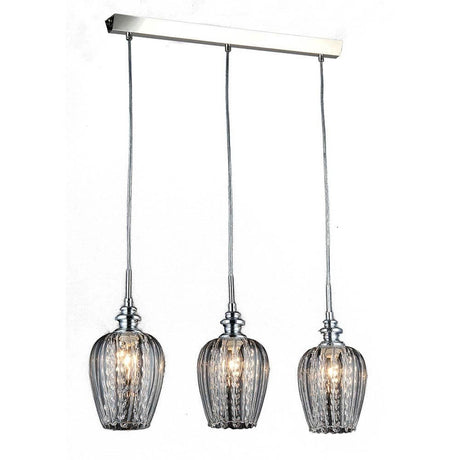 Blues Pendelleuchte Metall, Glas mit drei klaren Glasdiffusoren und dekorativen Kristallanhängern.