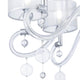 Detailansicht des Bubble Dreams Kronleuchters in Chrom mit klaren Glasarmen und transparenten Stoffschirmen.