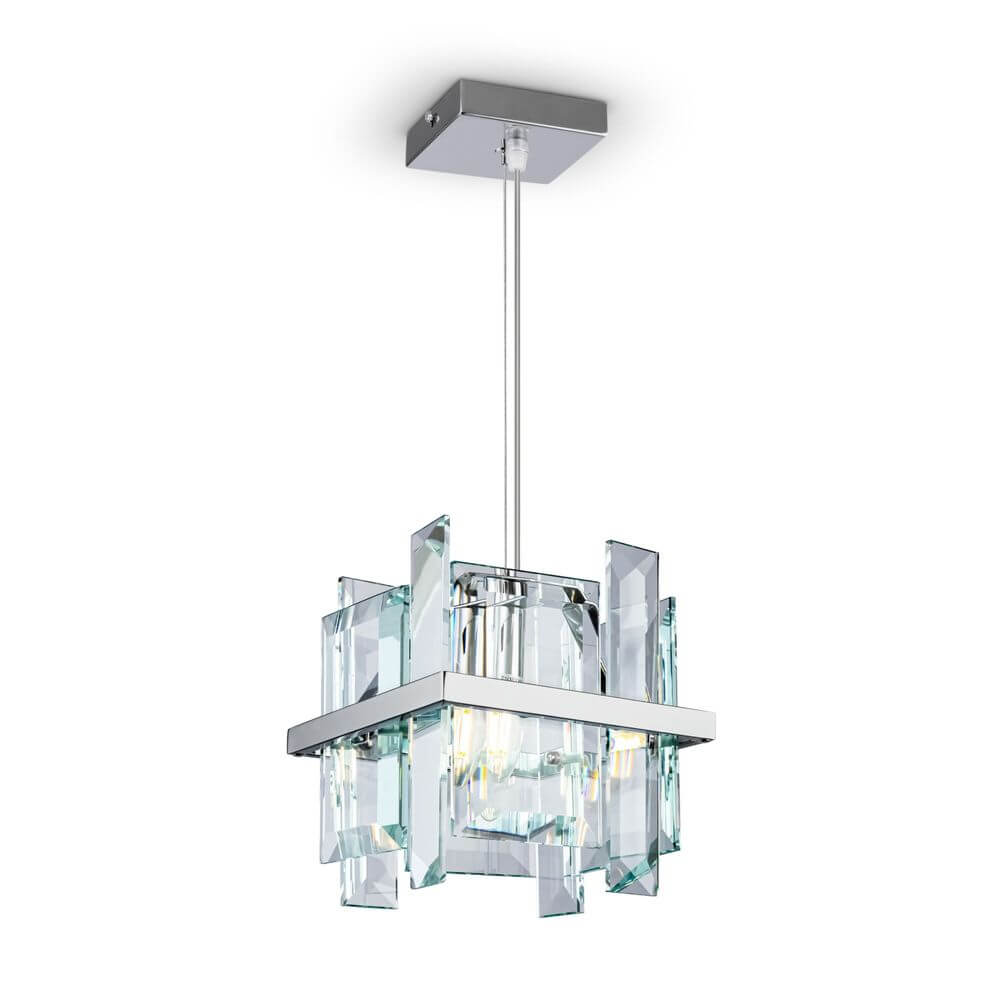 Cerezo Glas-Pendelleuchte Eckig mit modernen Glasplatten und Metallrahmen.