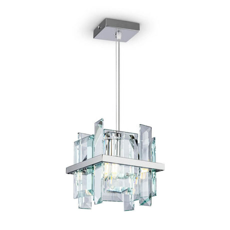 Cerezo Glas-Pendelleuchte Eckig mit modernen Glasplatten und Metallrahmen.