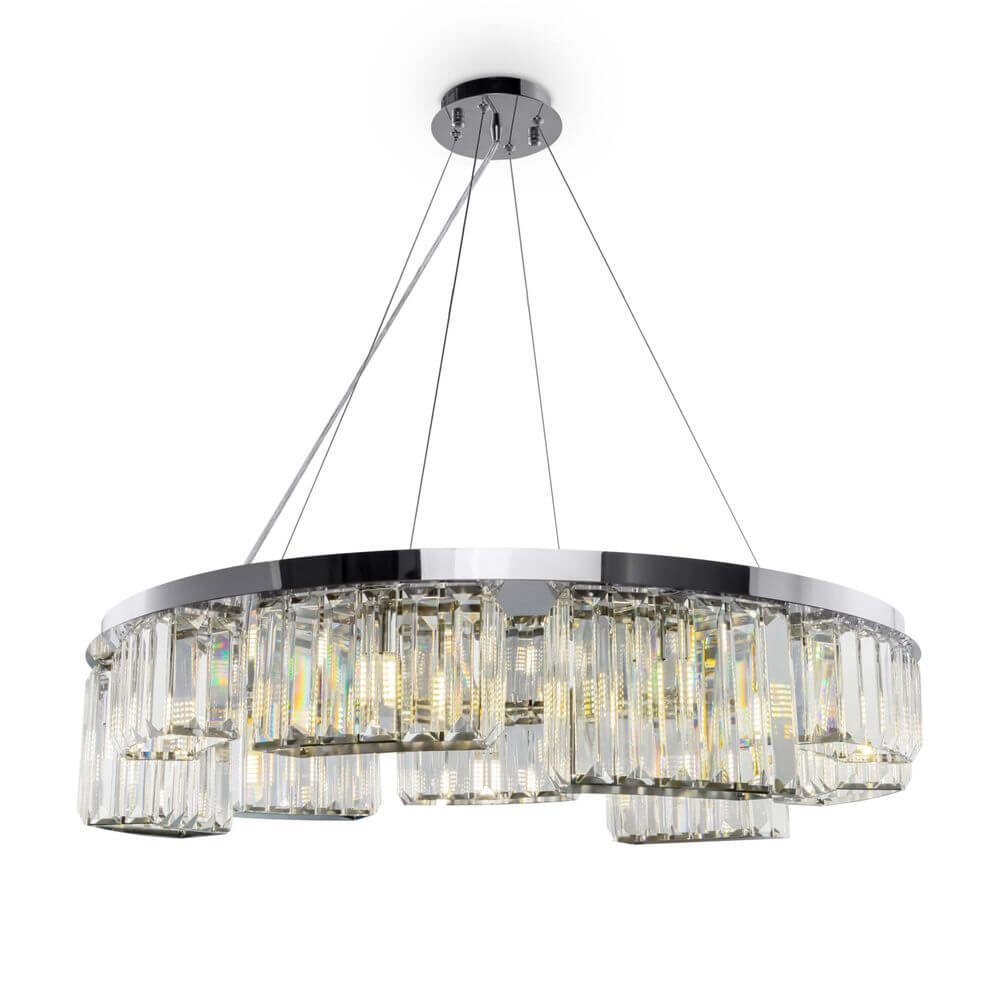Colline Glas-Pendelleuchte im Asymmetrischen Design mit glanzpolierten Glaselementen und harmonischer Kolonnade.