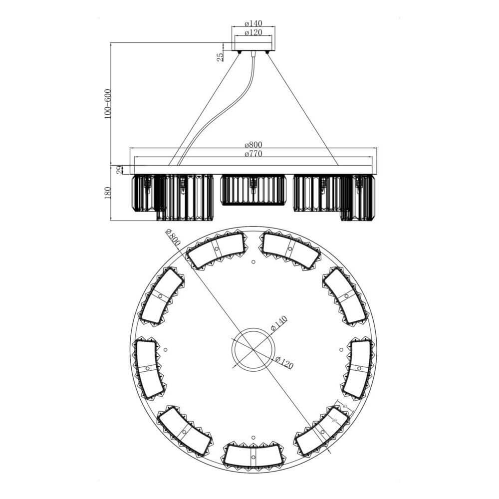 Technische Zeichnung der Colline Glas-Pendelleuchte im Asymmetrischen Design mit Maßen.