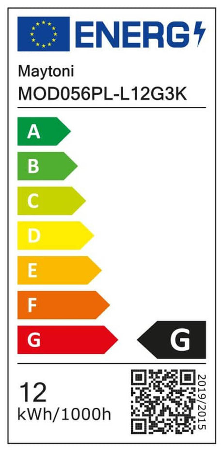Energieeffizienzlabel für Maytoni MOD056PL-L12G3K mit 12 kWh/1000h und Klassen A bis G.