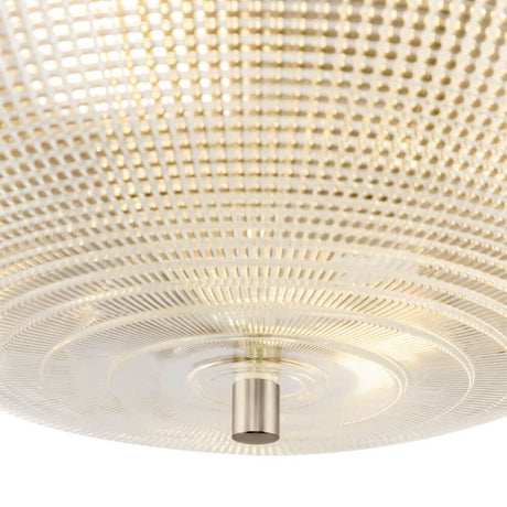 Coupe Deckenlampe mit strukturiertem Glas, Detailansicht des fakturierten Glases und metallischen Halterung.
