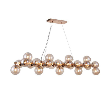 Suspension Dallas à 25 lumières, allongée, avec des diffuseurs ronds en verre, en or et chrome.