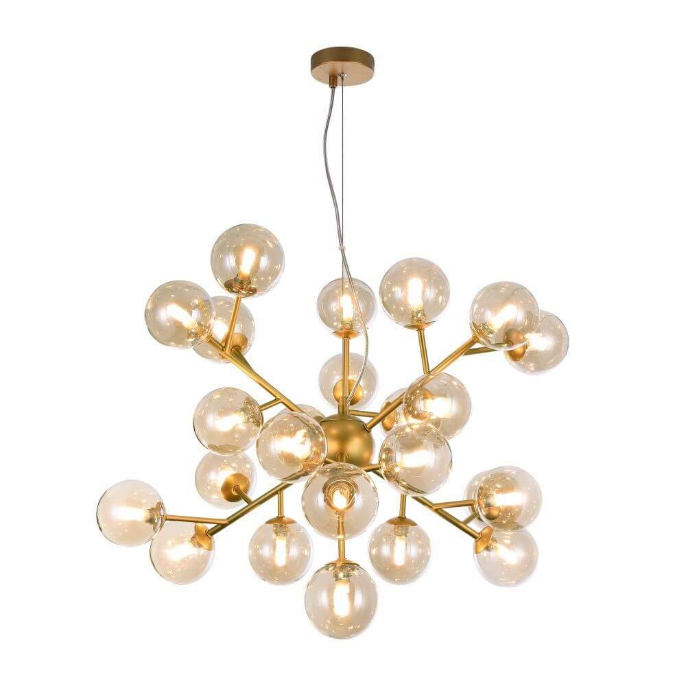Moderne Dallas Hängeleuchte 24-flammig in Gold mit runden Glasdiffusoren für stilvolle Beleuchtung.