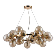 Dallas 25-light round pendant light with a gold-colored frame and round glass diffusers for modern design.