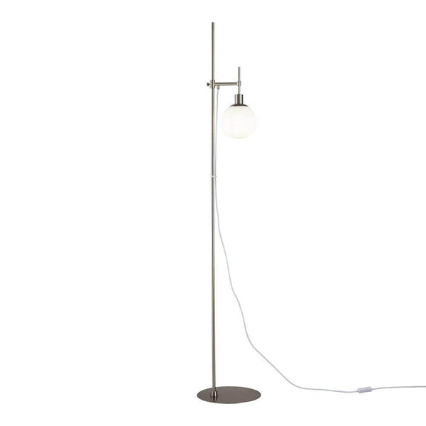 Erich Stehleuchte 155cm, Stehlampe mit grauem Metallschaft, hängender Glaskugel-Leuchtkopf, runde Metallfußplatte, Frontansicht