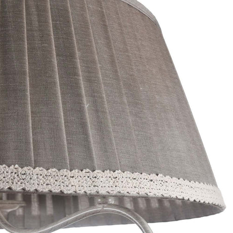 Felicita pendant light, 3-light, linen lampshade made of grey linen with lace trim and patinated metal frame.