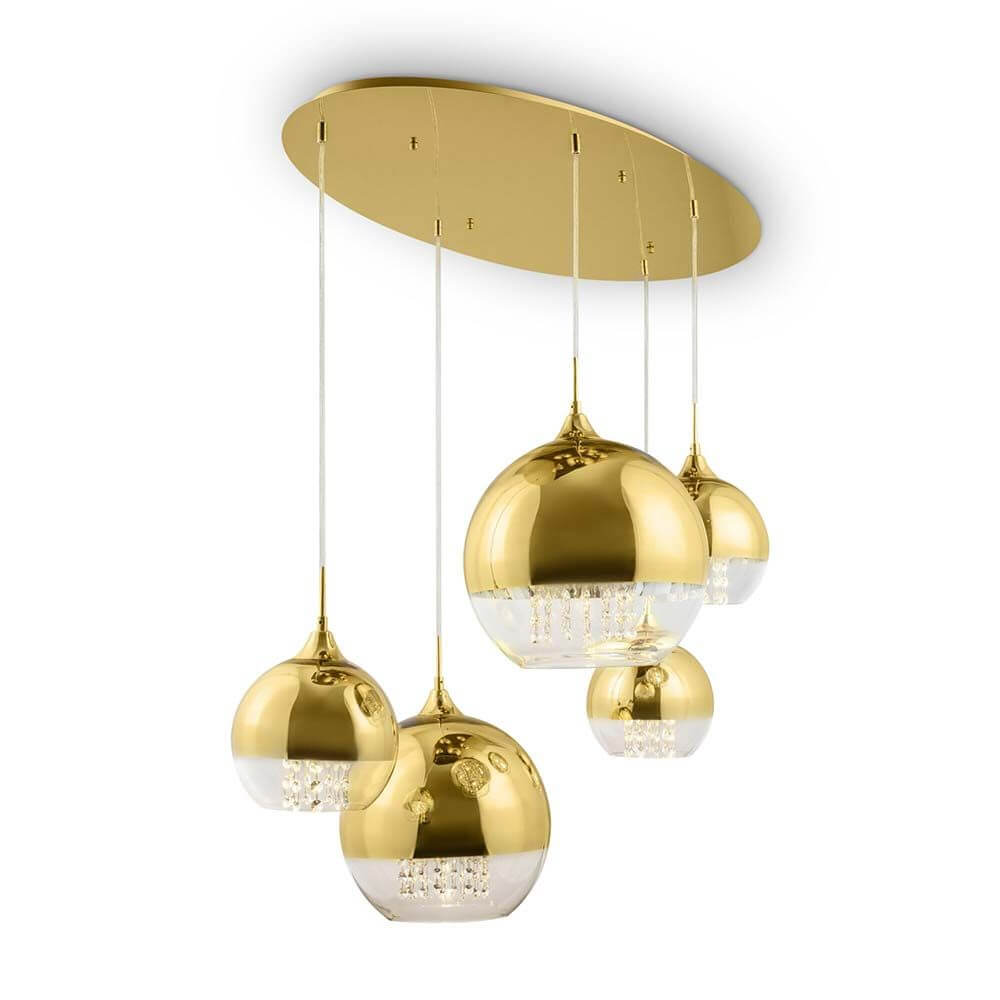 Fermi Hängeleuchte 5-flg. Gold mit Metallrahmen, Chrom- und Glasdiffusoren sowie dekorativen Kristallen