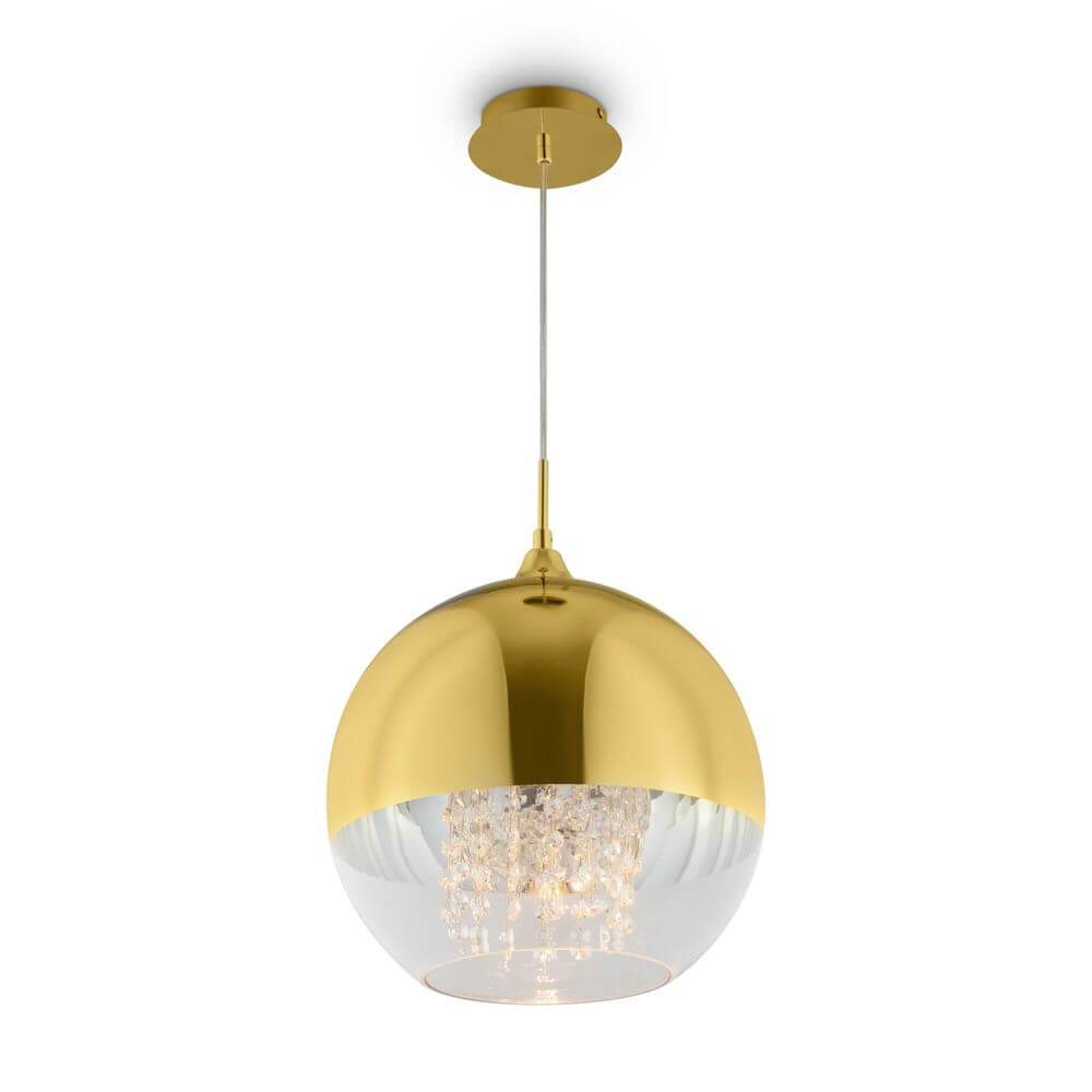 Fermi Pendelleuchte in elegantem Design mit goldener und transparenter Glaskugel.