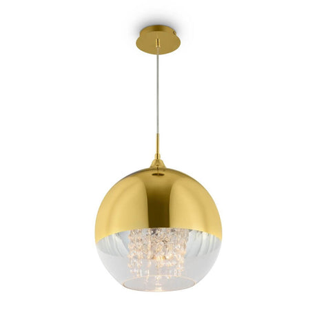 Fermi Pendelleuchte in elegantem Design mit goldener und transparenter Glaskugel.