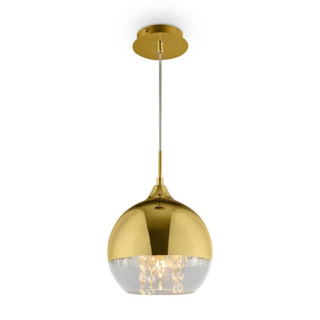 Fermi Pendelleuchte in elegantem Gold mit klarem Glasschirm und dekorativen Ketten im Inneren.