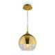 Fermi Pendelleuchte in elegantem Gold mit klarem Glasschirm und dekorativen Ketten im Inneren.