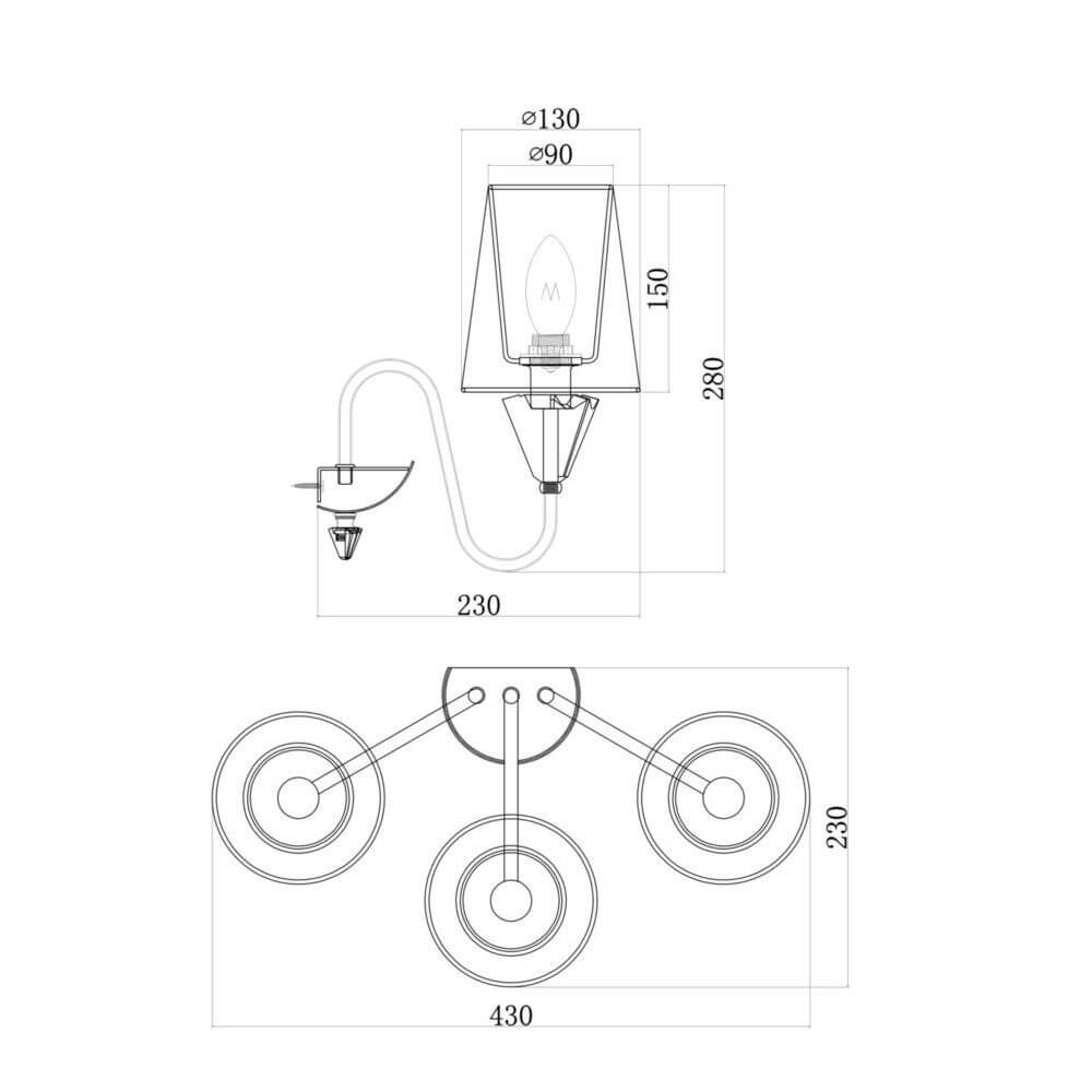 Technische Zeichnung von Florero Wandleuchte 3-flammig mit Abmessungen und Designs.