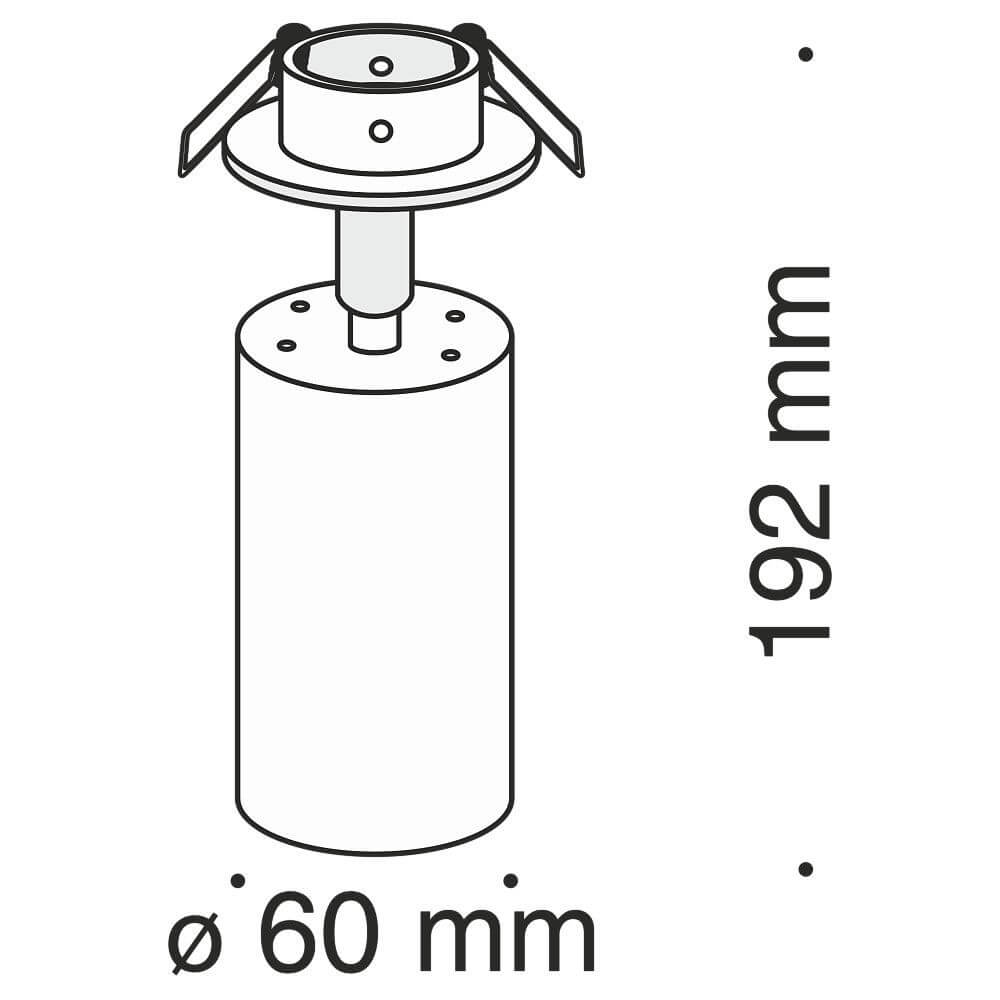 Focus Einbau-Deckenspot 80° mit pulverbeschichtetem Aluminiumkorpus, Maß 192 mm und Ø 60 mm.