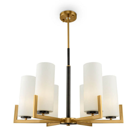 Lustre Fortano à 6 flammes avec abat-jour cylindriques en verre et finition laiton.