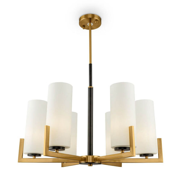 Fortano 6-light chandelier with cylindrical glass lampshades and a brass finish.