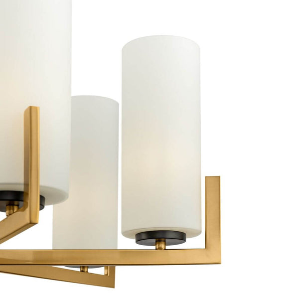 Fortano 6-light chandelier with cylindrical glass lampshades in white and metallic brass fittings.