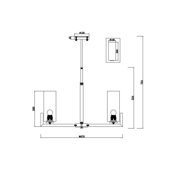 Technical drawing of the Fortano 6-light chandelier with dimensions and details.