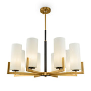 Lustre Fortano à 8 lumières avec abat-jour cylindriques en verre blanc et finition laiton.