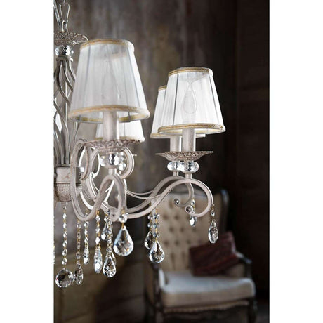 Grace chandelier, 8-light. White, gold. Elegant ceiling light with pleated lampshades and crystal pendants.