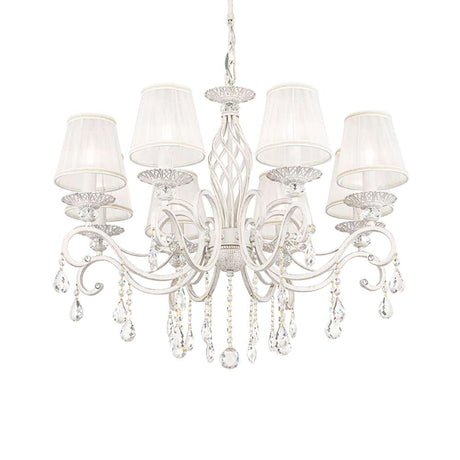 Grace chandelier, 8-light. White, gold, with white organza and crystal pendants.