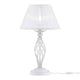 Grace Tischlampe Weiß mit Metallrahmen in Weiß und Gold, plissiertem Organza und Kristallanhänger.