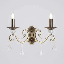 Grace wall light, 2-light, brass, with elegant crystal pendants and white lampshades.