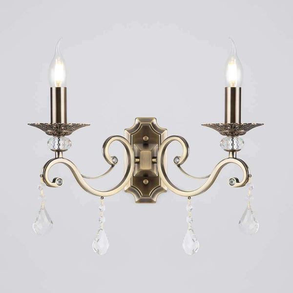 Grace wall light, 2-light, brass, with elegant crystal pendants and white lampshades.