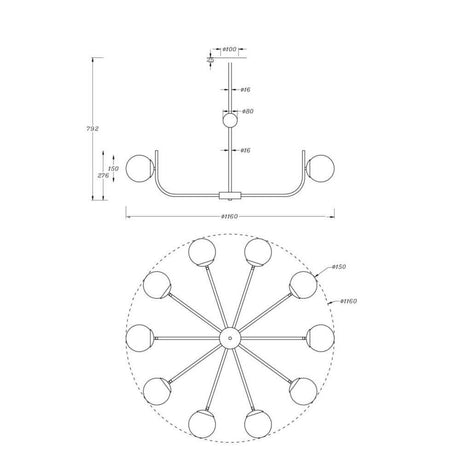 Teknisk tegning av pendellampen Rendez-vous med 10 lyskilder, med dimensjoner og detaljer.