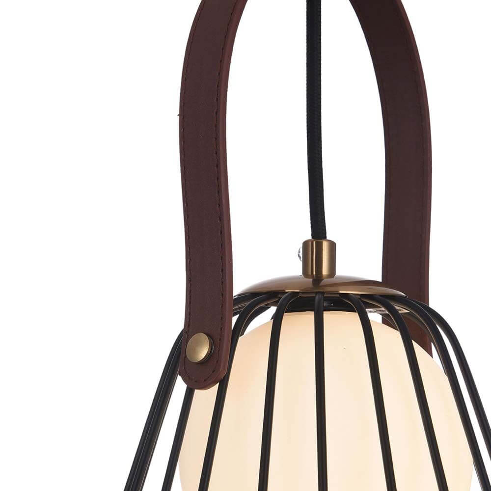 Indiana Pendelleuchte Ø 18cm Metall mit Metallstäbchen und Mattglasschirm, dekorativem Lederriemen.