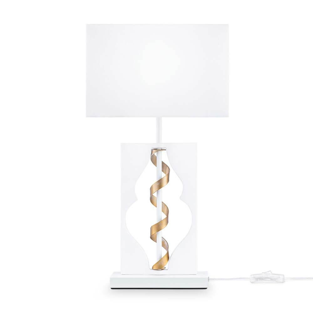 Intreccio Tischlampe Weiß, Gold mit Metallrahmen und Stofflampenschirm in elegantem Design.