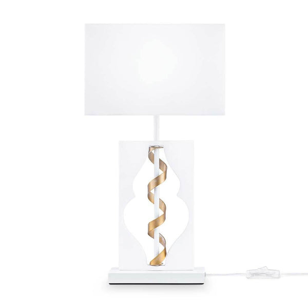Intreccio Tischlampe Weiß, Gold mit Metallrahmen, Stoffschirm und goldenen Dekorationsbändern