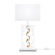 Intreccio Tischlampe Weiß, Gold mit Metallrahmen und Stofflampenschirm in elegantem Design.