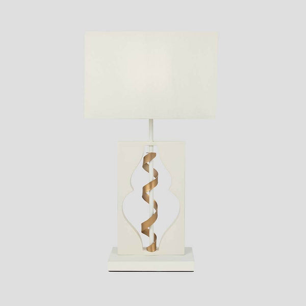 Intreccio Tischlampe Weiß, Gold mit Metallrahmen, Stoffschirm und goldenen Dekorationsbändern