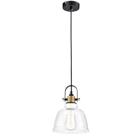 Suspension Irving Ø 20 cm avec abat-jour en verre transparent et câble noir pour un éclairage élégant.
