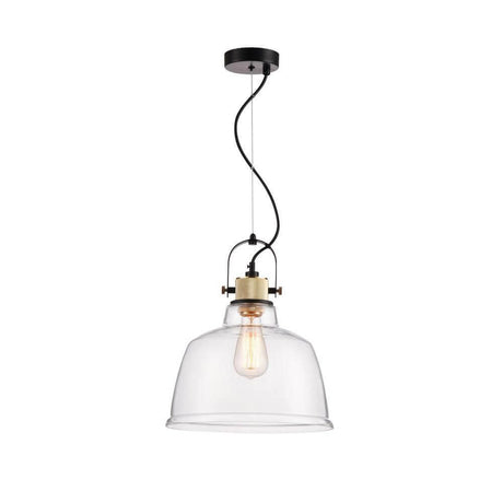 Suspension Irving Ø 30 cm Industrial avec abat-jour transparent et douille dorée, idéale pour les intérieurs industriels.
