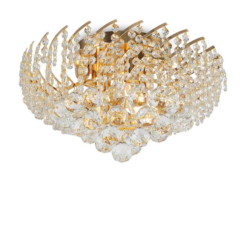 Karolina Deckenleuchte mit vergoldetem Metallrahmen und Kristallanhängern in verschiedenen Größen.