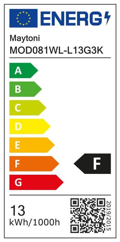 Energielabel für LED-Wandleuchte Tessara mit Klasse F, 13 kWh/1000h, Maytoni MOD081WL-L13G3K.