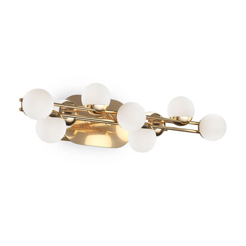 LED-Wandleuchte Tessara in modernem Design mit goldener Basis und mehreren weißen Glaskugeln.