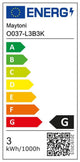 Energieeffizienzlabel für Maytoni O037-L3B3K, zeigt Energieklasse G und Verbrauch von 3 kWh/1000h.