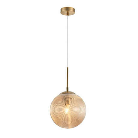 Lumina Pendelleuchte Ø 25cm mit bernsteinfarbenem Glas und grafischem Ornament, höhenverstellbar.