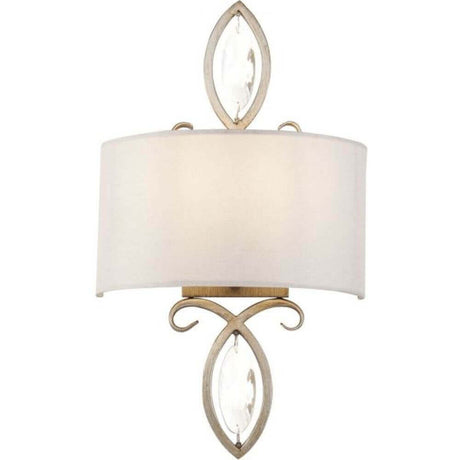 Luxe wall light in white fabric with metal frame and decorative glass elements.