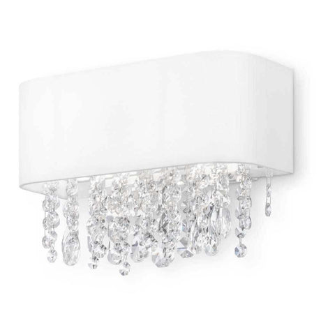 Manfred Textil-Wandleuchte Kristall mit weißem Stoffschirm und Kristallanhängern, elegante Wandlampe aus Metall