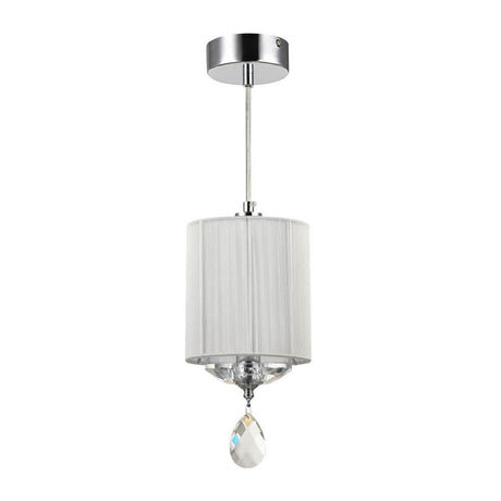 Suspension Miraggio avec cadre en métal chromé, pendeloques en cristal et abat-jour en fil blanc.