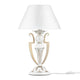Monile Tischlampe mit Metallrahmen, weiß und gold, dekorativen Perlen und gemustertem Lampenschirm.
